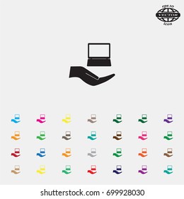 Notebook insurance sign icon. Hand holds pc laptop symbol. Circle and square buttons. Flat design set. Thank you ribbon. Vector