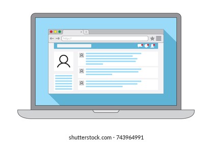 Notebook. Internet browser window with an open social network web page on light blue background