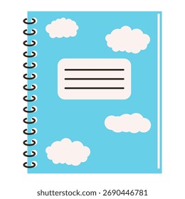Notebook isolated on white background. Stationery blue element with clouds. Education, school. Vector illustration.