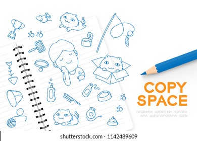 Notebook with kid boy hand drawing set, Imagine of Future Occupation "Cat groomer shop" concept idea illustration blue color isolated on white background, with copy space