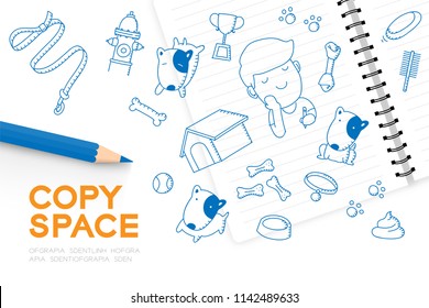 Notebook with kid boy hand drawing set, Imagine of Future Occupation "Dog groomer shop" concept idea illustration blue color isolated on white background, with copy space