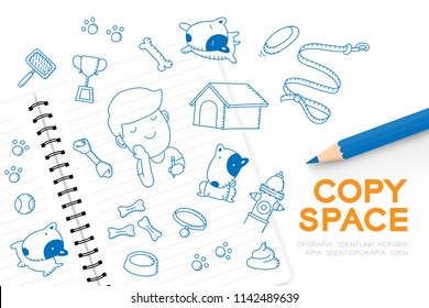 Notebook with kid boy hand drawing set, Imagine of Future Occupation "Dog groomer shop" concept idea illustration blue color isolated on white background, with copy space