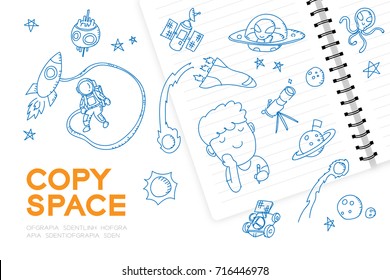 Notebook with kid boy hand drawing set, Imagine of Future Occupation "Astronaut" concept idea illustration isolated on white background, with copy space