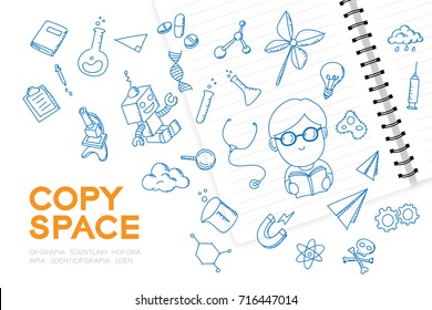 Notebook with kid boy hand drawing set, Imagine of Future Occupation "Scientist" concept idea illustration isolated on white background, with copy space