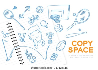 Notebook with kid boy hand drawing set, Imagine of Future Occupation "Athlete" concept idea illustration isolated on white background, with copy space