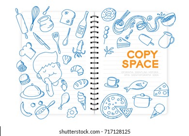 Notebook with kid boy hand drawing set, Imagine of Future Occupation "Chef" concept idea illustration isolated on white background, with copy space