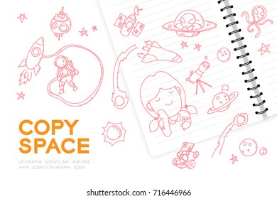 Notebook with kid girl hand drawing set, Imagine of Future Occupation "Astronaut" concept idea illustration isolated on white background, with copy space