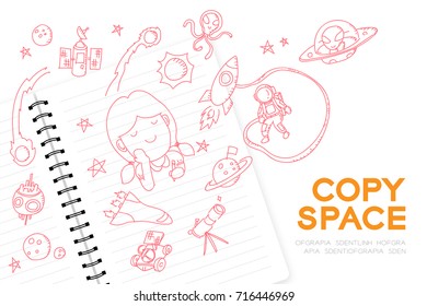 Notebook with kid girl hand drawing set, Imagine of Future Occupation "Astronaut" concept idea illustration isolated on white background, with copy space