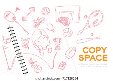 Notebook with kid girl hand drawing set, Imagine of Future Occupation "Athlete" concept idea illustration isolated on white background, with copy space