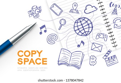 Notebook with kid hand drawing set, Internet network technology concept design illustration isolated on white background, with copy space