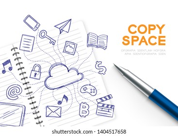 Notebook with kid hand drawing set, Cloud connect technology concept design illustration isolated on white background, with copy space