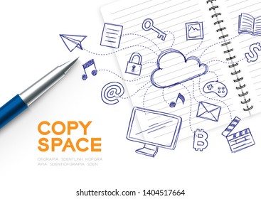 Notebook with kid hand drawing set, Cloud connect technology concept design illustration isolated on white background, with copy space