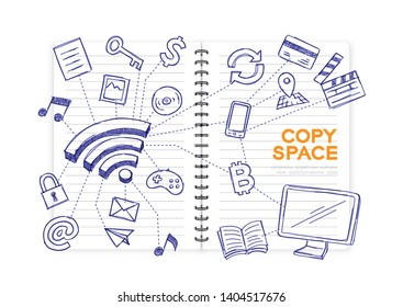 Notebook with kid hand drawing set, Wifi connect technology concept design illustration isolated on white background, with copy space