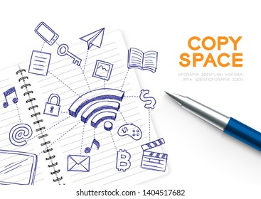 Notebook with kid hand drawing set, Wifi connect technology concept design illustration isolated on white background, with copy space