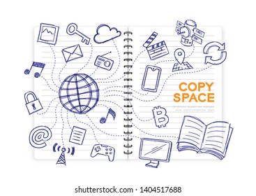 Notebook with kid hand drawing set, Internet network technology concept design illustration isolated on white background, with copy space