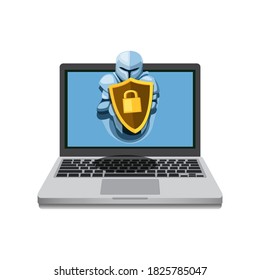 Notebook with knight hold shield guard. computer internet security software from malware symbol concept in cartoon vector