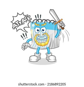 the notebook knights attack with sword. cartoon mascot vector