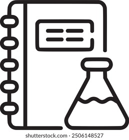 Notebook with lab flask, representing scientific research or laboratory work. The notebook with the lab flask icon represents scientific research, laboratory work, and academic studies. EPS