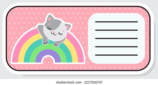 Notebook label. Cat and rainbow. Baby stickers. Vector illustration.