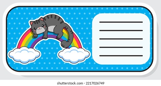 Notebook label. Cat and rainbow. Baby stickers. Vector illustration.