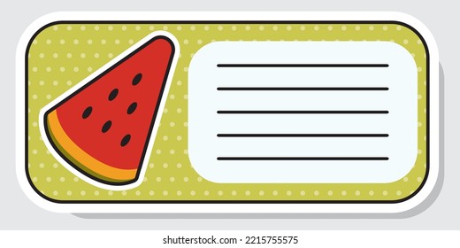 Notebook label. A slice of watermelon. Baby stickers. Vector illustration
