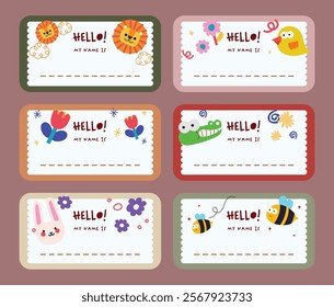 Notebook labels with cute kids icons  subjects, colorful design, template for school book labels, name and class set stickers