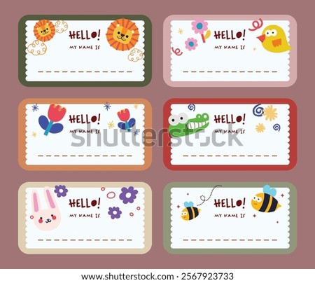 Notebook labels with cute kids icons  subjects, colorful design, template for school book labels, name and class set stickers