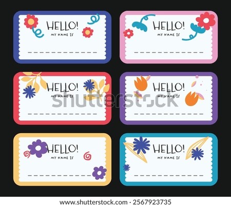 Notebook labels with cute kids icons  subjects, colorful design, template for school book labels, name and class set stickers