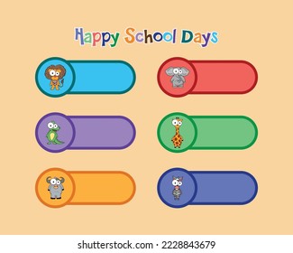 Etiquetas para equipos portátiles Etiqueta de nombre de escuela Etiqueta luminosa Etiqueta rectangular Caracteres cutáneos Vector de color ilustración aislada Pro Vector