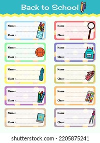 Notebook Labels Vector Template Design. School Book Labels Template. Name and Class Set Stickers.