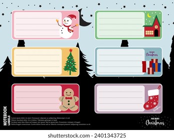 Notebook Labels Vector Template Design. School Book Labels Template. Christmas Notebook Labels.