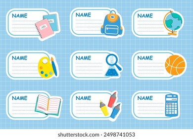 Notebook Labels Vector Template Design. School Book, notebook Labels Template. Set stickers for notebook.