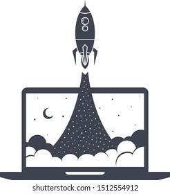 notebook laptop boost start up space rocket shuttle theme vector art