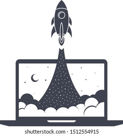 notebook laptop boost start up space rocket shuttle theme vector art