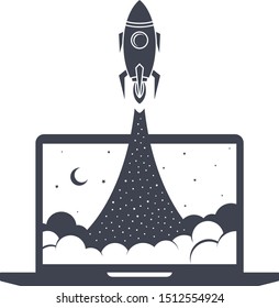 notebook laptop boost start up space rocket shuttle theme vector art