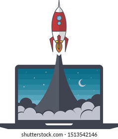 notebook laptop boost start up space rocket shuttle theme vector art