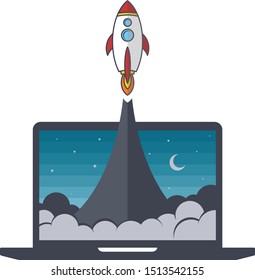 notebook laptop boost start up space rocket shuttle theme vector art