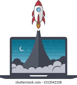 notebook laptop boost start up space rocket shuttle theme vector art