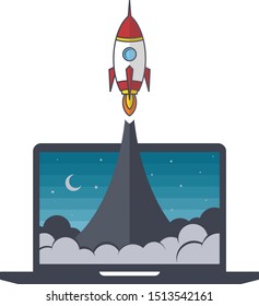 notebook laptop boost start up space rocket shuttle theme vector art