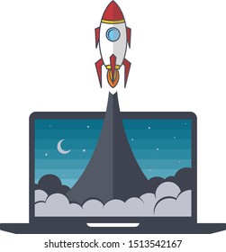 notebook laptop boost start up space rocket shuttle theme vector art