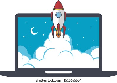 notebook laptop boost start up space rocket shuttle theme vector art