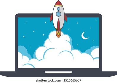 notebook laptop boost start up space rocket shuttle theme vector art