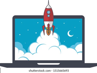 notebook laptop boost start up space rocket shuttle theme vector art