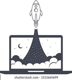 notebook laptop boost start up space rocket shuttle theme vector art