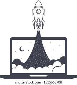 notebook laptop boost start up space rocket shuttle theme vector art