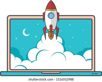 notebook laptop boost start up space rocket shuttle theme vector art