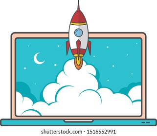 notebook laptop boost start up space rocket shuttle theme vector art