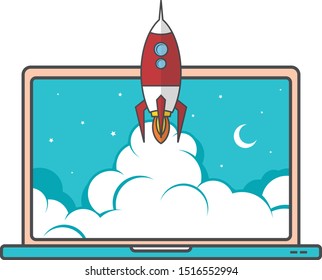 notebook laptop boost start up space rocket shuttle theme vector art