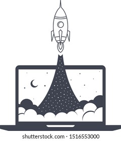 notebook laptop boost start up space rocket shuttle theme vector art