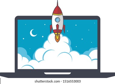 notebook laptop boost start up space rocket shuttle theme vector art